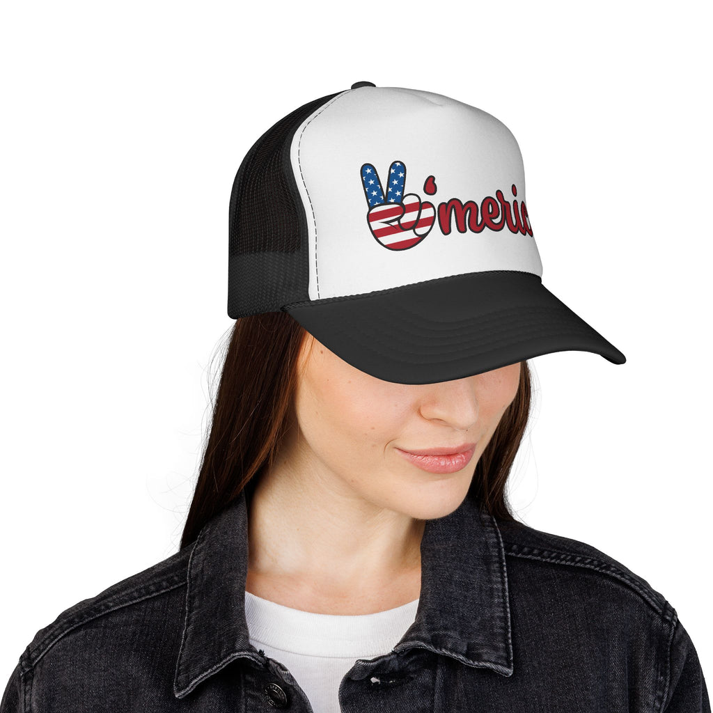 America Peace Sign Trucker Cap – Patriotic USA Flag Foam Mesh Hat